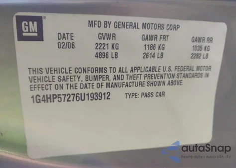 2006 Buick Lucerne Cx z USA, uszkodzony, nr VIN 1G4HP57276U193912